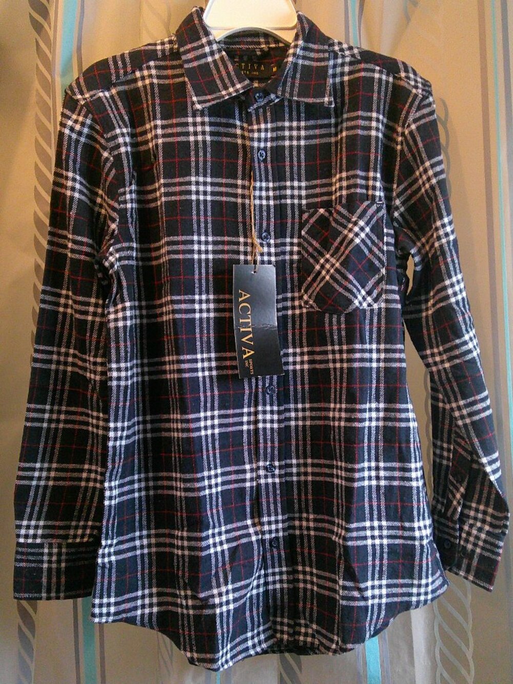 NWT Men's Very Soft Flannel Shirt "Activa Sports Inc" Dark Navy Plaid Sz M